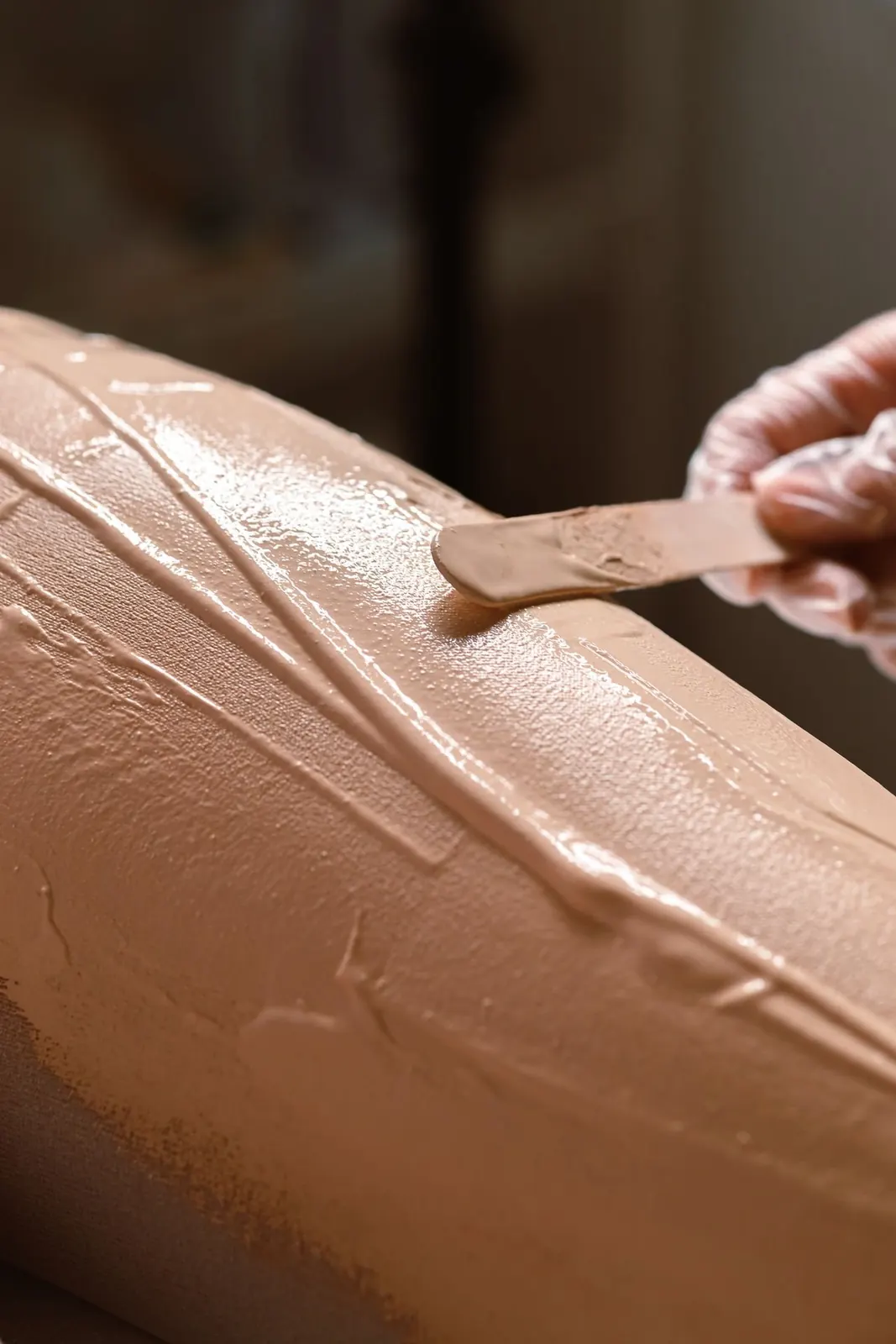 An esthetician applying soft wax to a leg with a wooden spatula