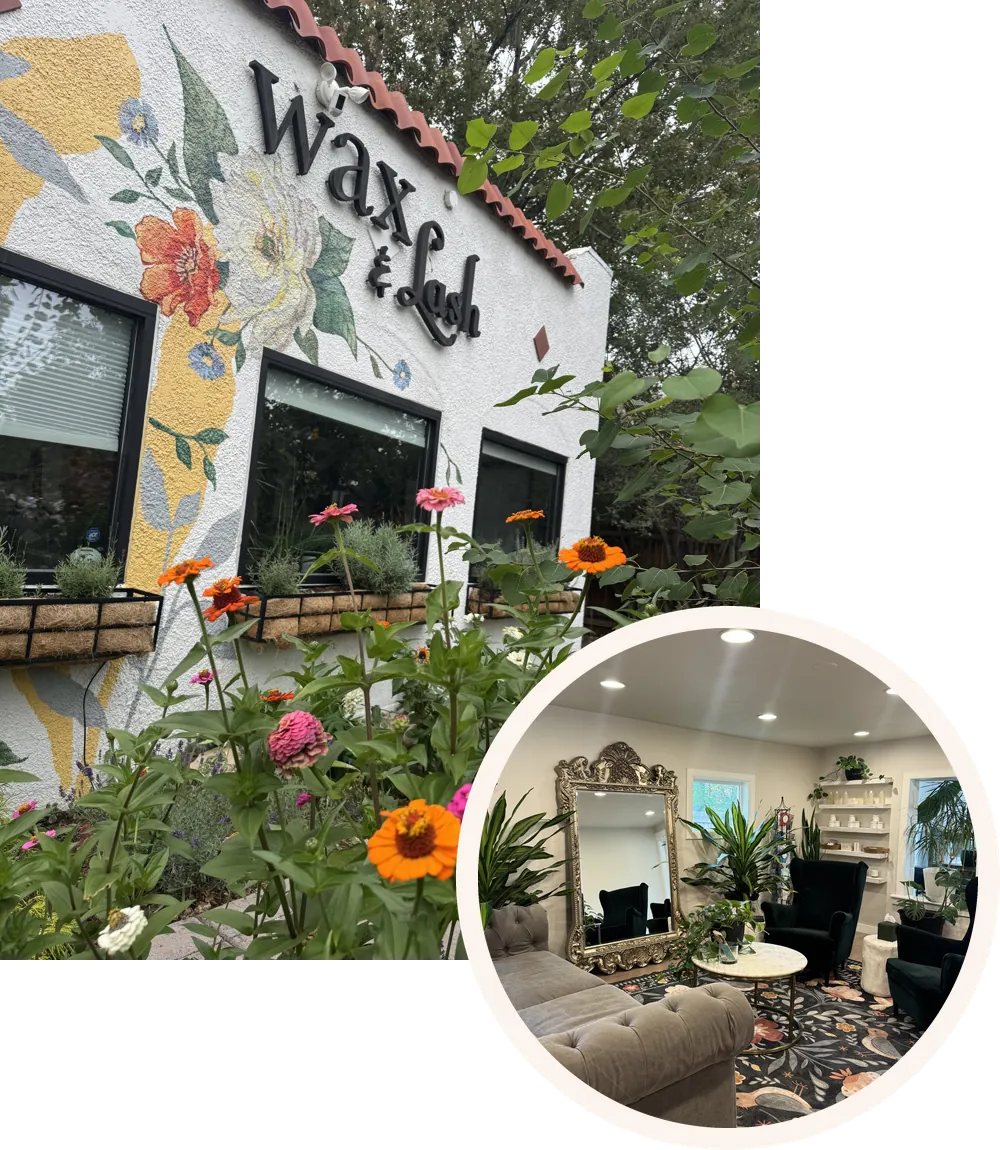 The Wax &amp; Lash Berkeley studio mural with zinnias, and the Berkeley lounge with a gilded mirror and green velvet chairs