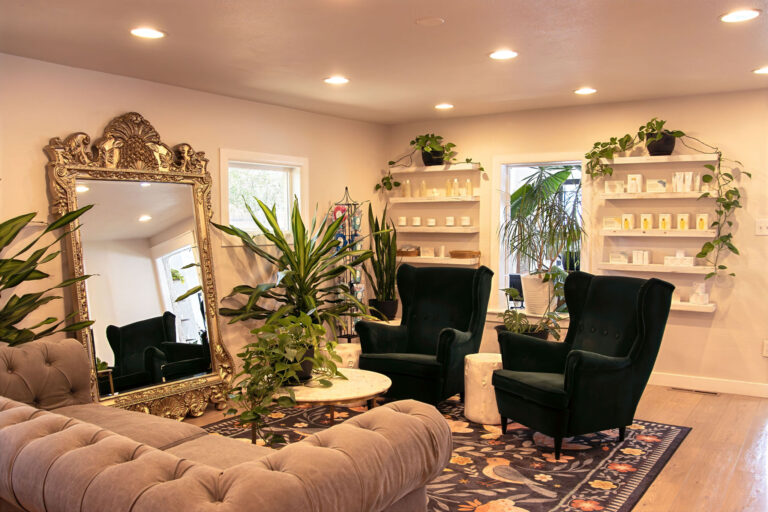 Waiting room at Wax & Lash Berkeley in Denver with velvet chairs, a gold mirror, plants and skincare shelves