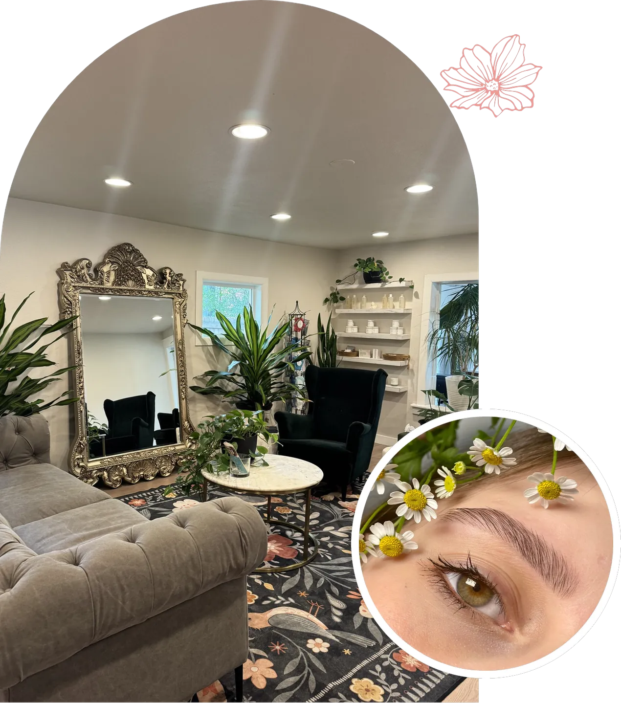 The lounge at Wax &amp; Lash Berkeley with a gilded mirror and velvet chairs, and a close up of laminated brows framed by daisies